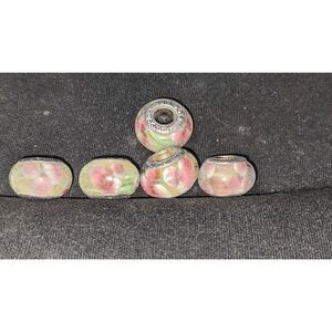 5 NEW PANDORA TRANSLUCENT GREEN W/PINK & WHITE FLOWERS MURANO GLASS BEADS- BEAUT